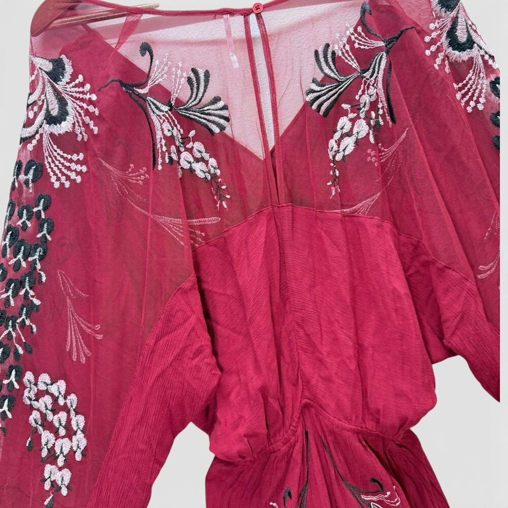 Free People Bonjour Mini Dress Size L Red Embroidered Floral Ballon Flowy Boho - Picture 9 of 15